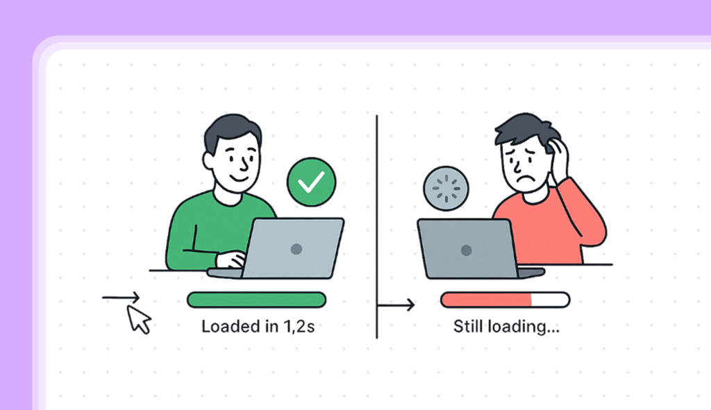 The Fundamentals of Website PageSpeed 1 Split screen comparison: Happy user with fast-loading website (1.2s) on left versus frustrated user with slow-loading website on right.
