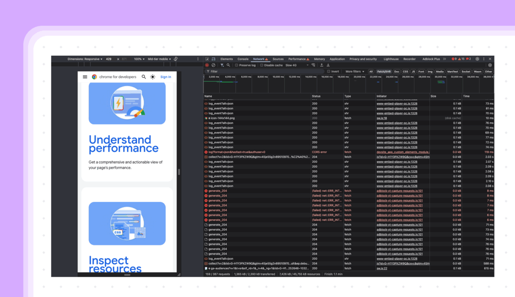 chrome network tab to debug